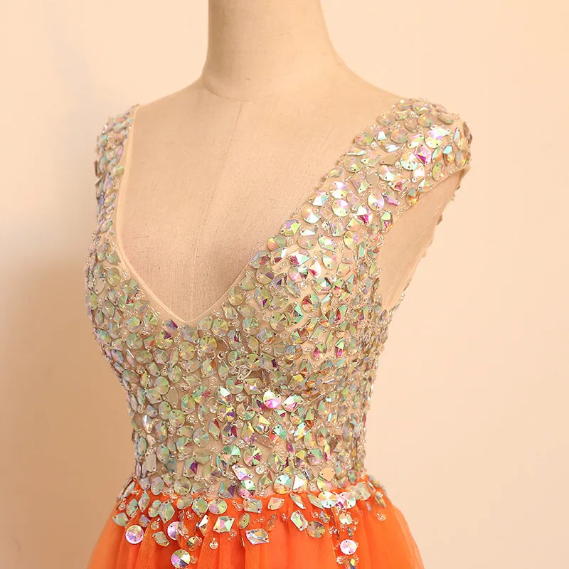 A-line V-neckline Short Tulle Beaded Homecoming Dress, Orange Tulle Short Party Dress