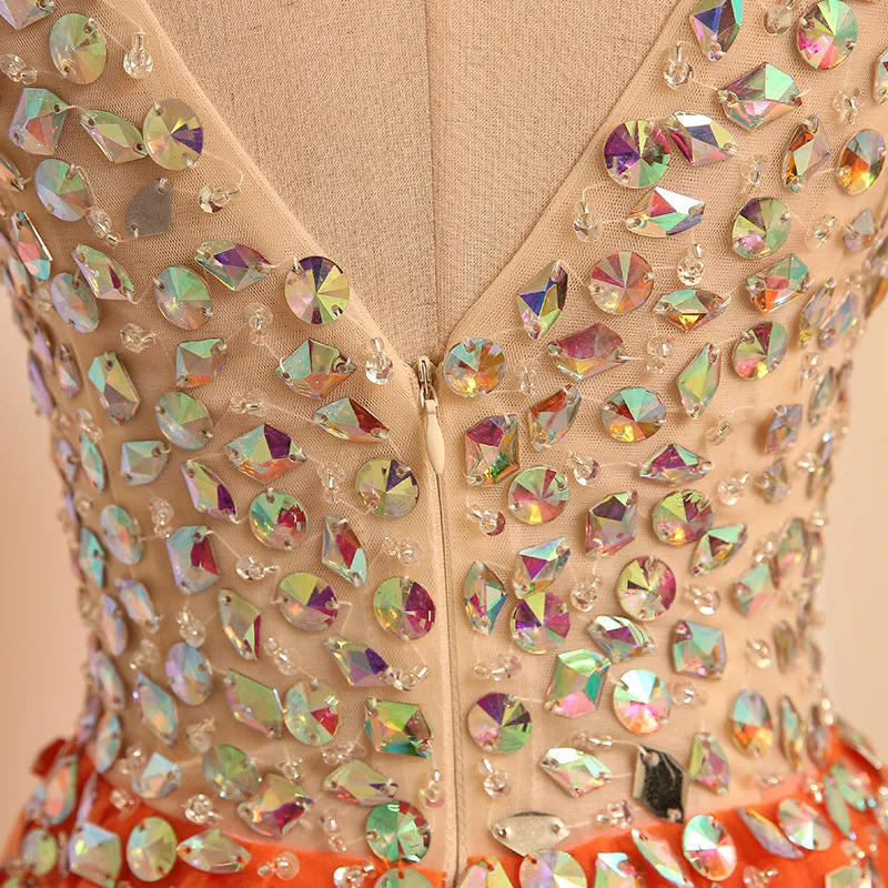 A-line V-neckline Short Tulle Beaded Homecoming Dress, Orange Tulle Short Party Dress