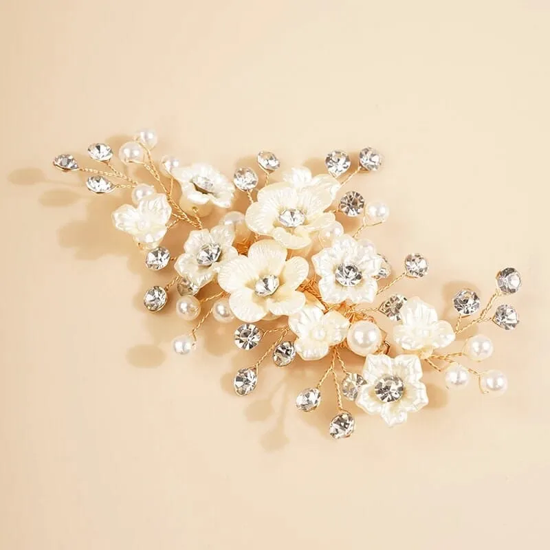 Abalone Pearl Flower Alligator Hairclip, Bridal Rhinestone Hair Accessory, Wedding Crystal Pearl Floral Hair Clip
