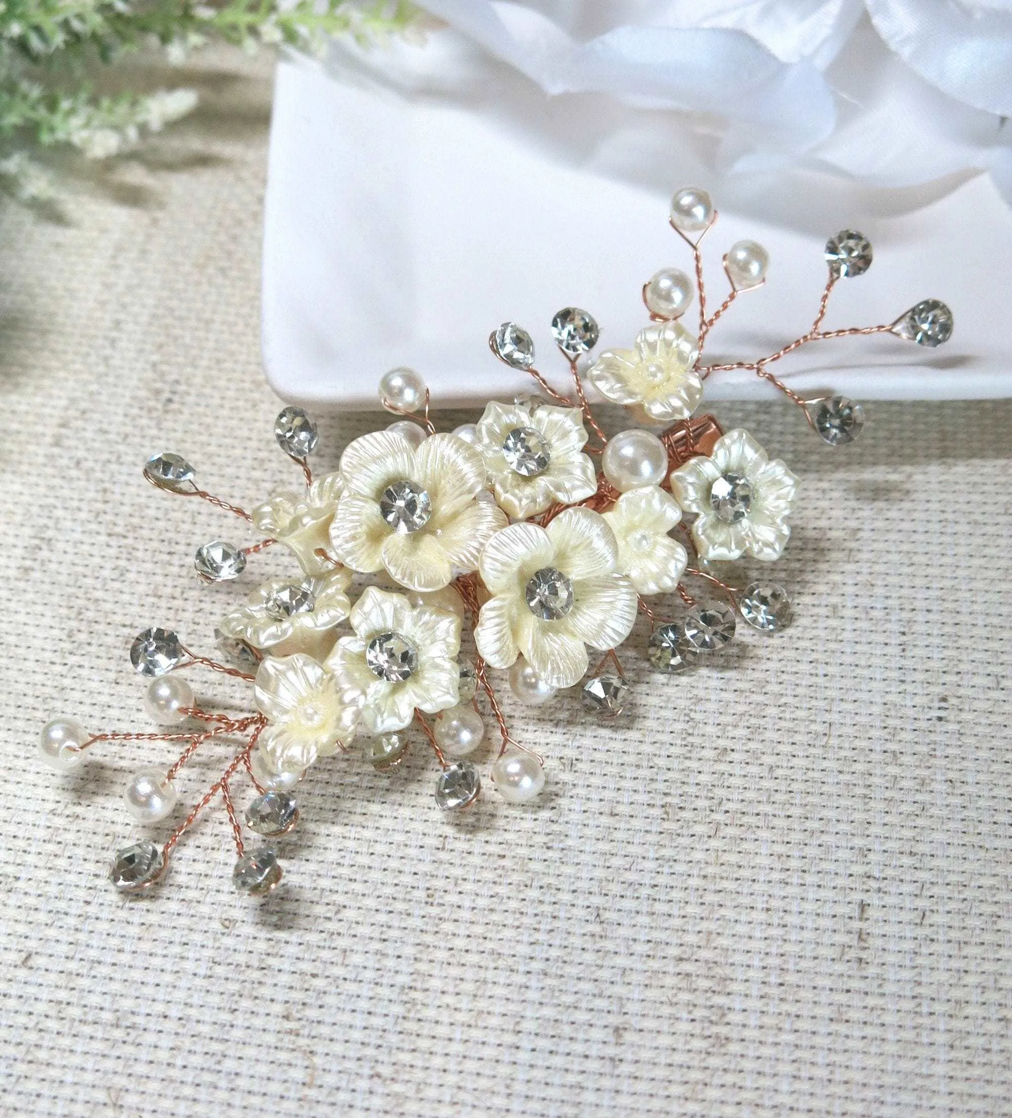 Abalone Pearl Flower Alligator Hairclip, Bridal Rhinestone Hair Accessory, Wedding Crystal Pearl Floral Hair Clip