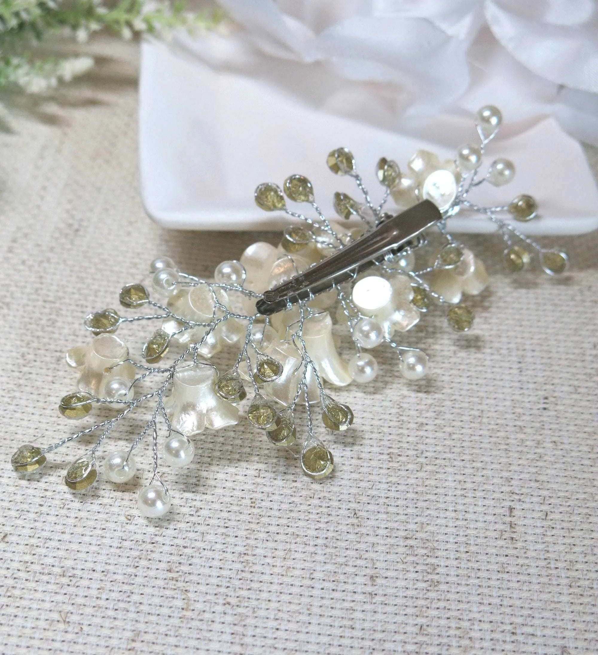 Abalone Pearl Flower Alligator Hairclip, Bridal Rhinestone Hair Accessory, Wedding Crystal Pearl Floral Hair Clip