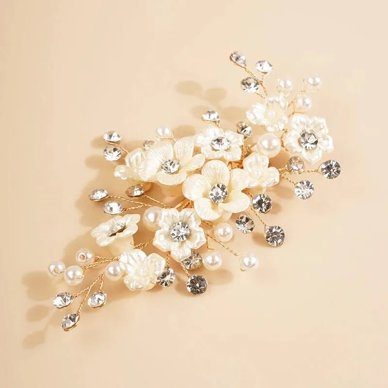 Abalone Pearl Flower Alligator Hairclip, Bridal Rhinestone Hair Accessory, Wedding Crystal Pearl Floral Hair Clip