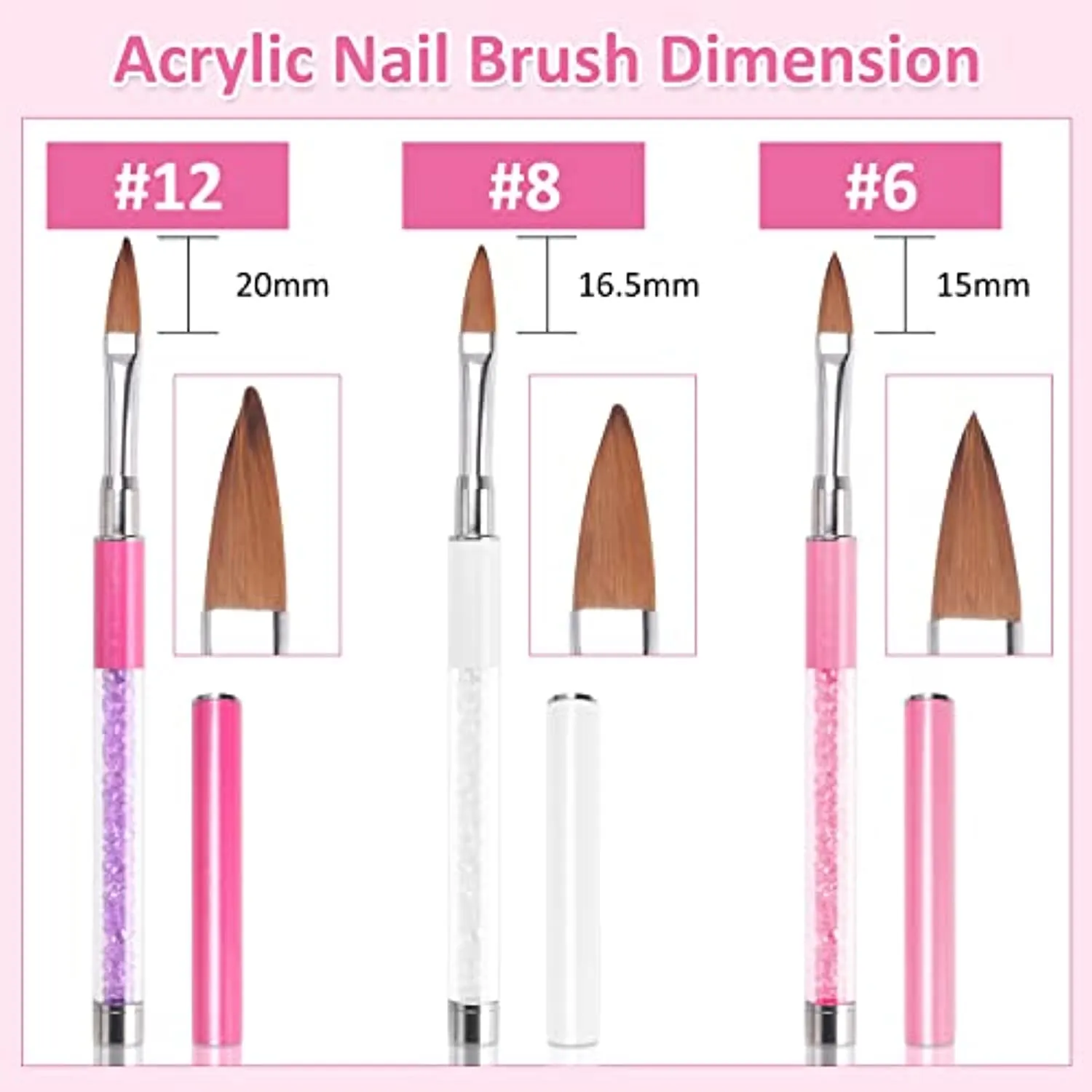 Acrylic Nail Brush, Ms.Belles 3PCS Acrylic Powder Nail Brushes Gel Nail Art Brush Set For Acrylic Powder 3D Nail Extension Carving Nail Art Painting With Shiny Rhinestone Handle, Size 6, 8,12
