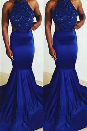 Anneprom Charming Royal Blue Mermaid Sheath Long Open Back Beaded Prom Dresses APP0455