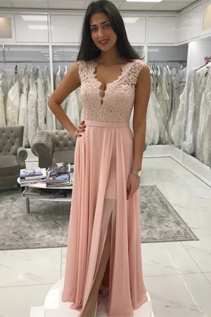 Anneprom Delicate Chiffon V Neck Neckline A Line Prom Dresses With Beaded Appliques APP0566