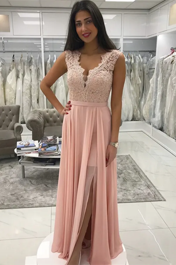 Anneprom Delicate Chiffon V Neck Neckline A Line Prom Dresses With Beaded Appliques APP0566