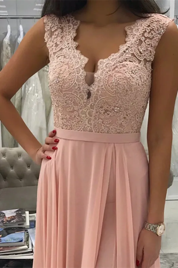 Anneprom Delicate Chiffon V Neck Neckline A Line Prom Dresses With Beaded Appliques APP0566
