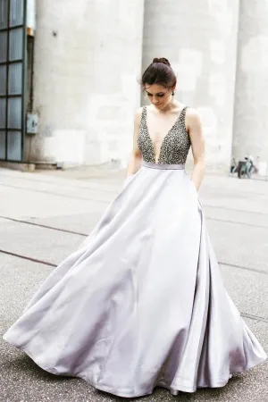 Anneprom Straps Beaded Plunging V-Neckline A-Line Long Satin Prom Dress APP0145