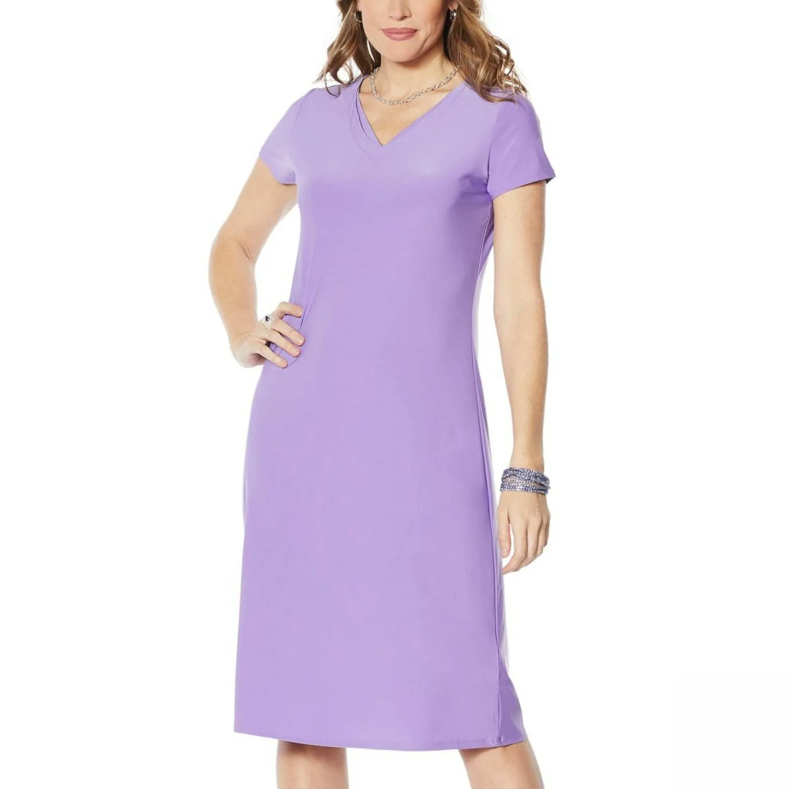 Antthony Women's Petite Double Layer V-Neck Solid Midi Dress