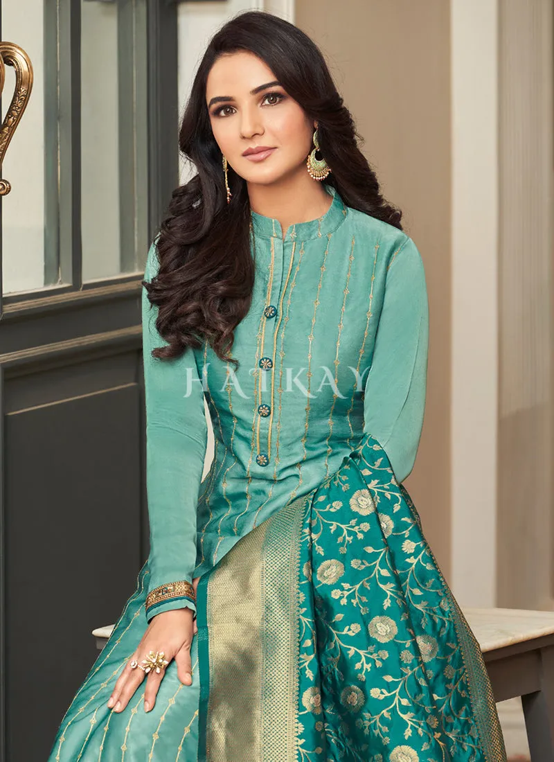Aqua Blue Embroidered Traditional Palazzo Suit