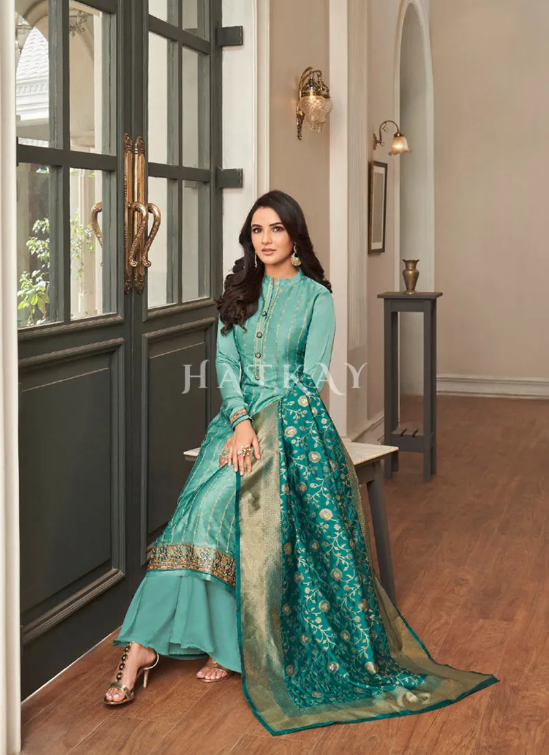 Aqua Blue Embroidered Traditional Palazzo Suit