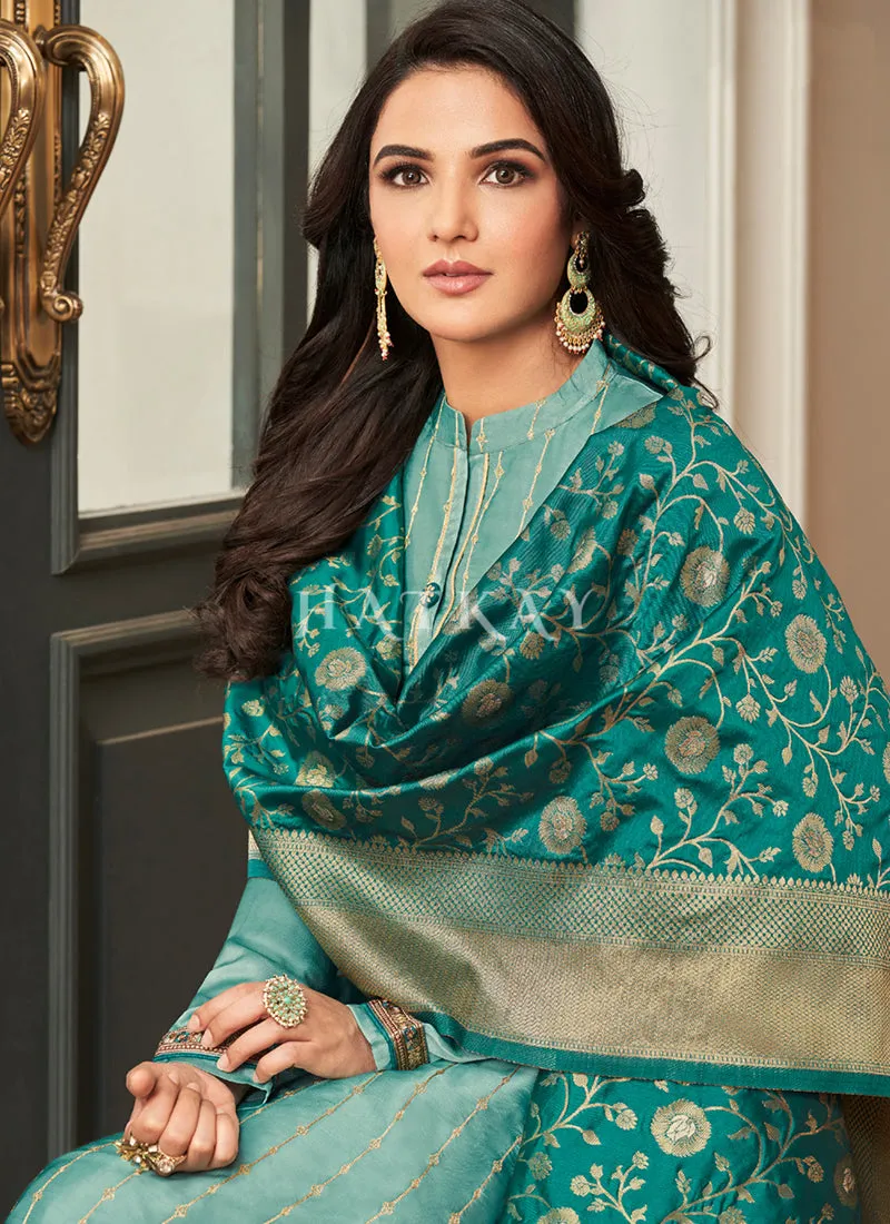 Aqua Blue Embroidered Traditional Palazzo Suit