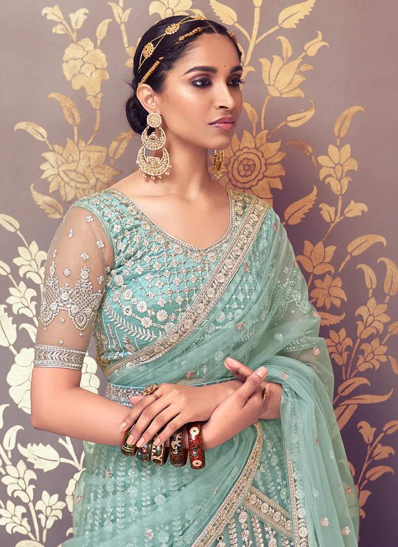 Aqua Blue Traditional Embroidered Wedding Lehenga Choli