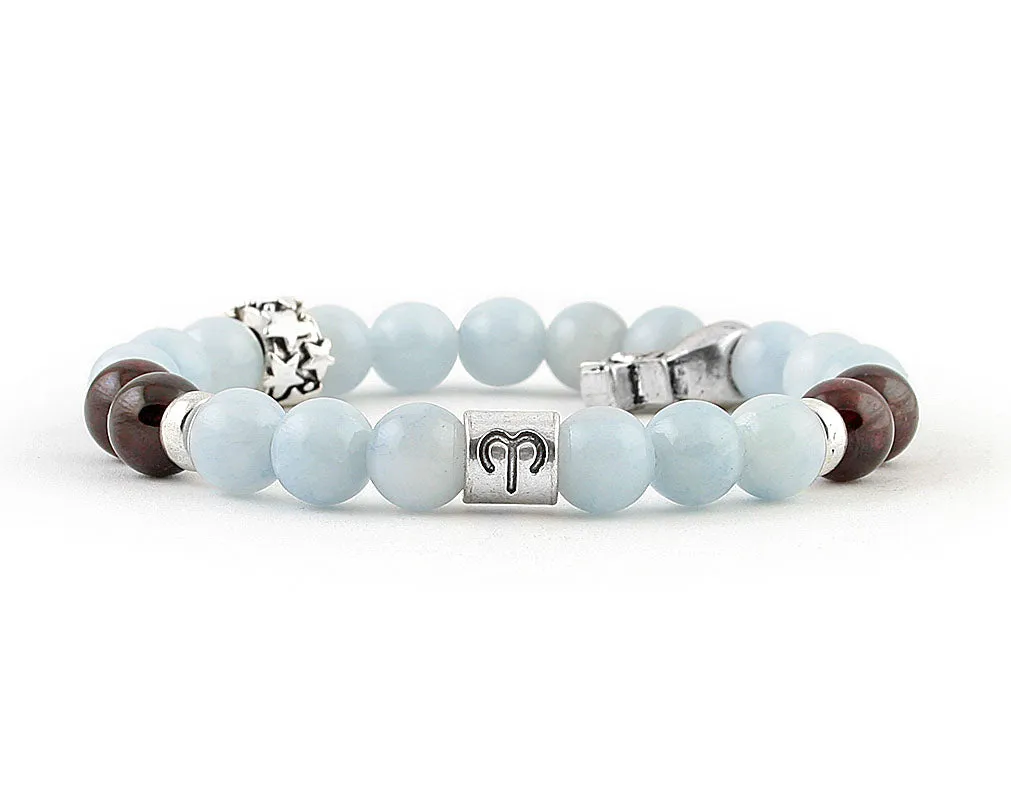 Aries zodiac sign bracelet  with aquamarine and garnet beads