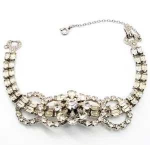 Art Deco style high end estate clear prong set flower vintage rhinestone bracelet