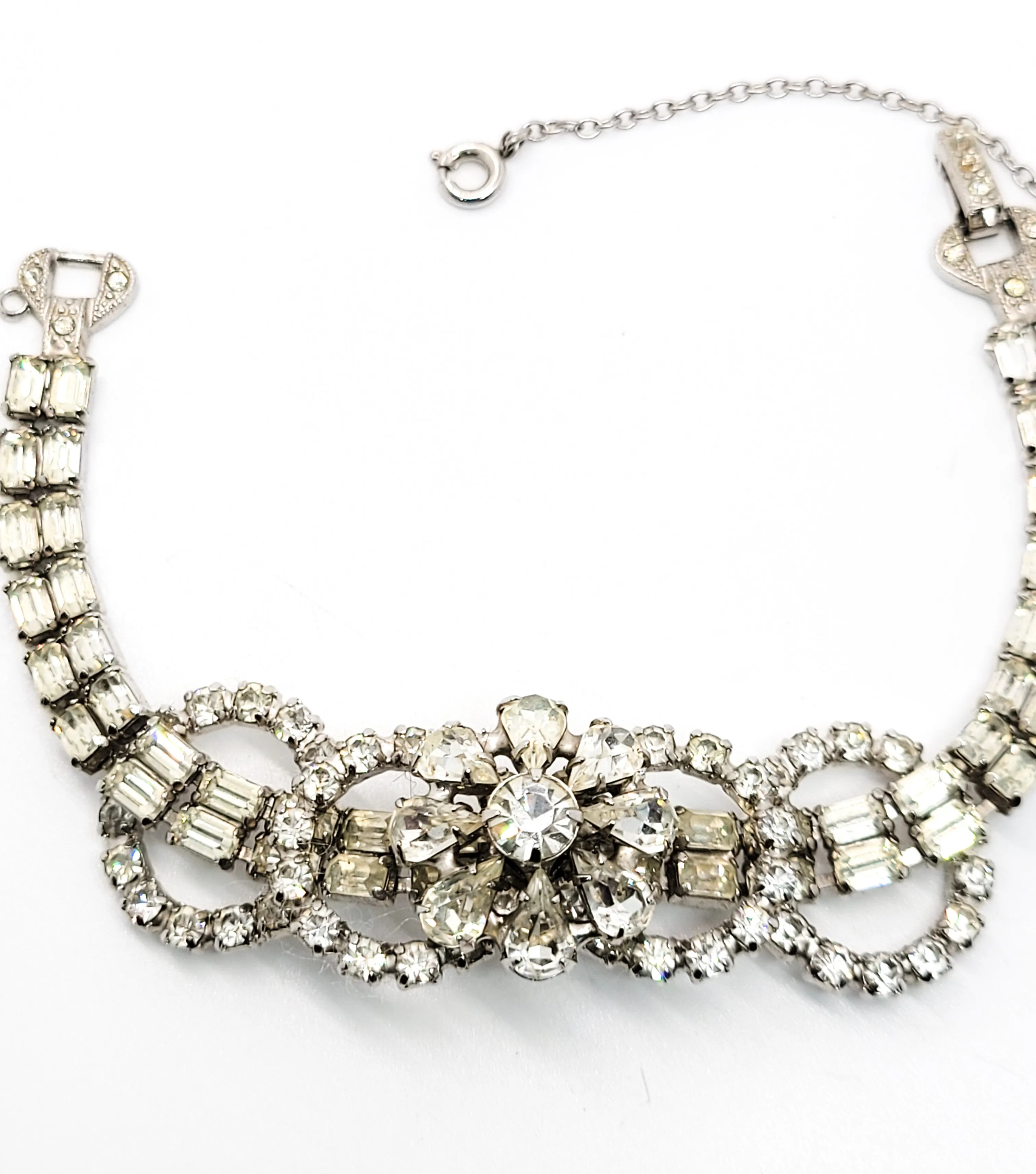 Art Deco style high end estate clear prong set flower vintage rhinestone bracelet