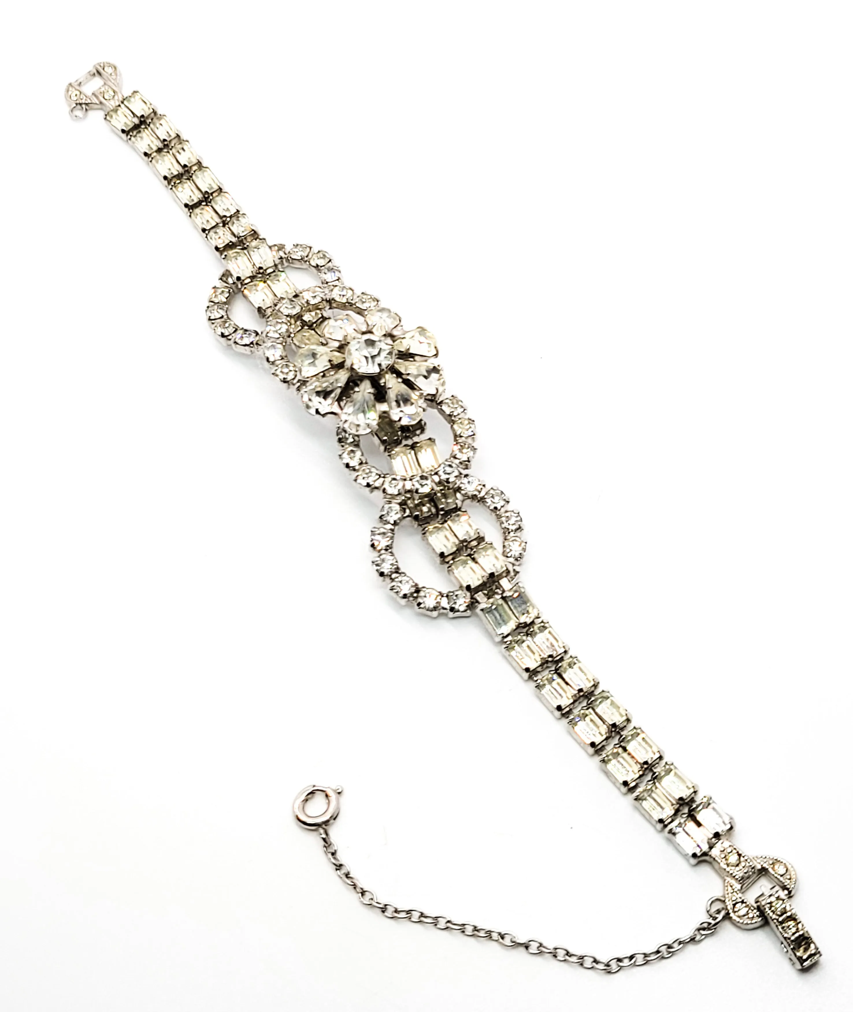 Art Deco style high end estate clear prong set flower vintage rhinestone bracelet