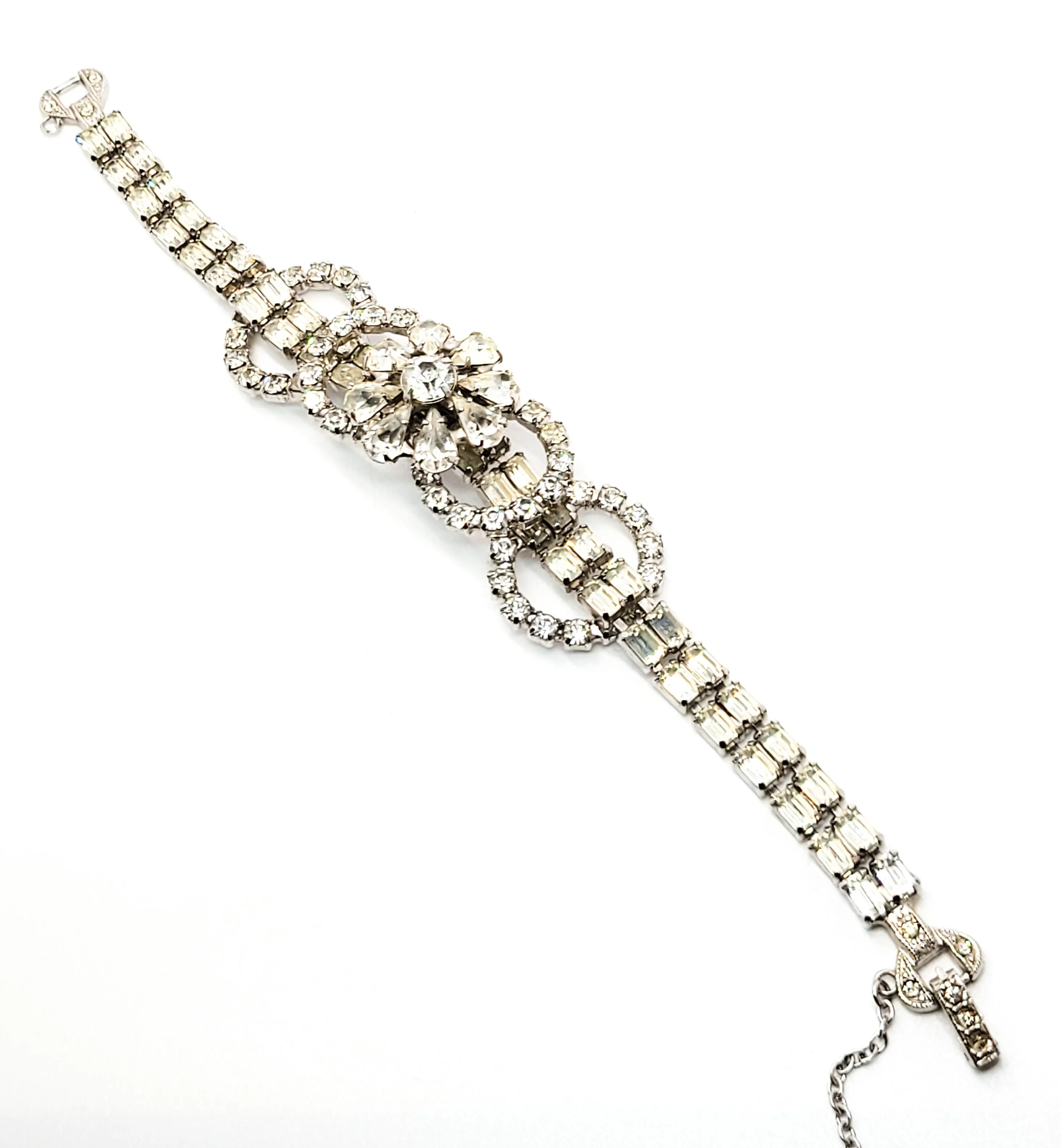 Art Deco style high end estate clear prong set flower vintage rhinestone bracelet