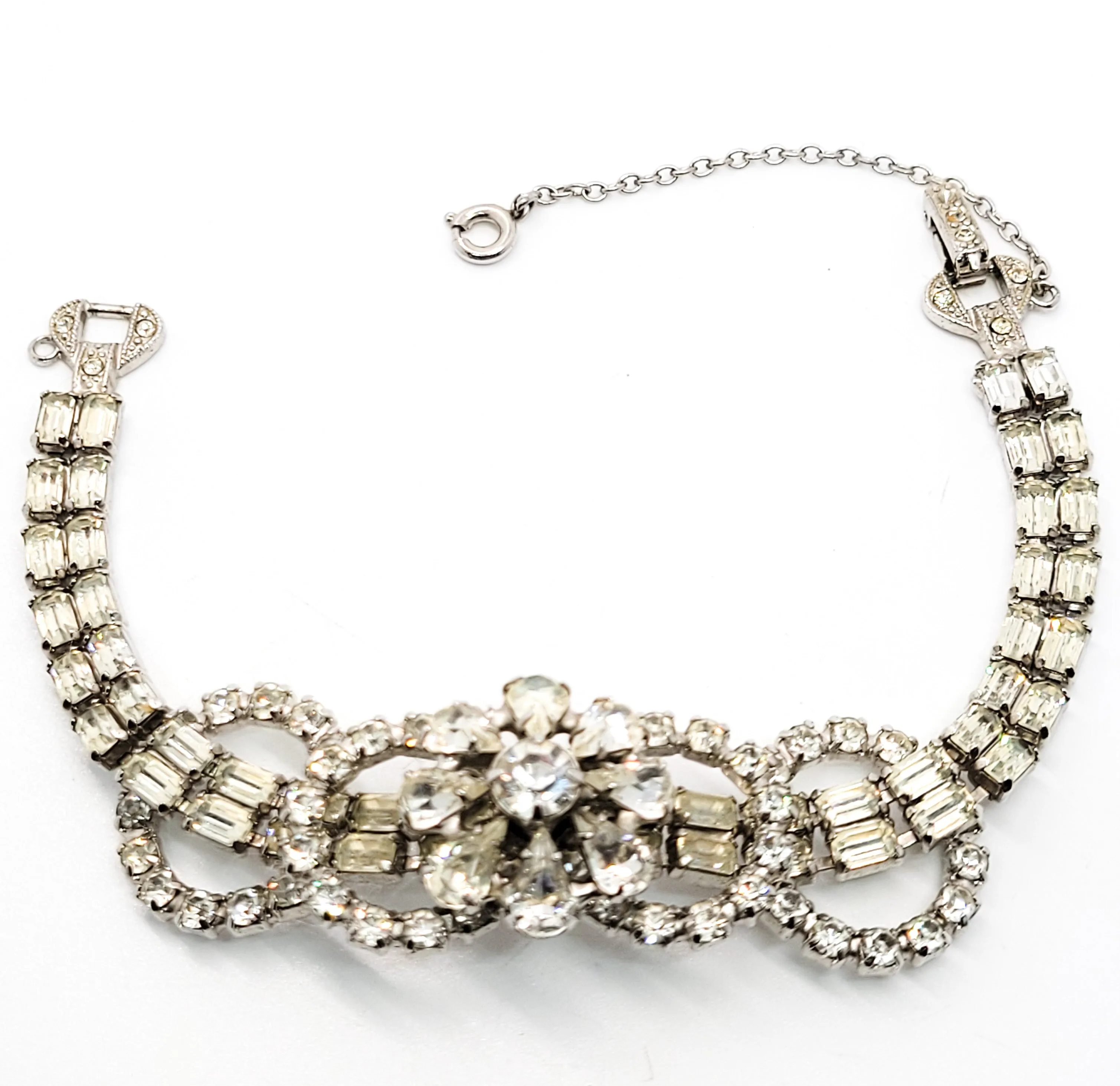 Art Deco style high end estate clear prong set flower vintage rhinestone bracelet