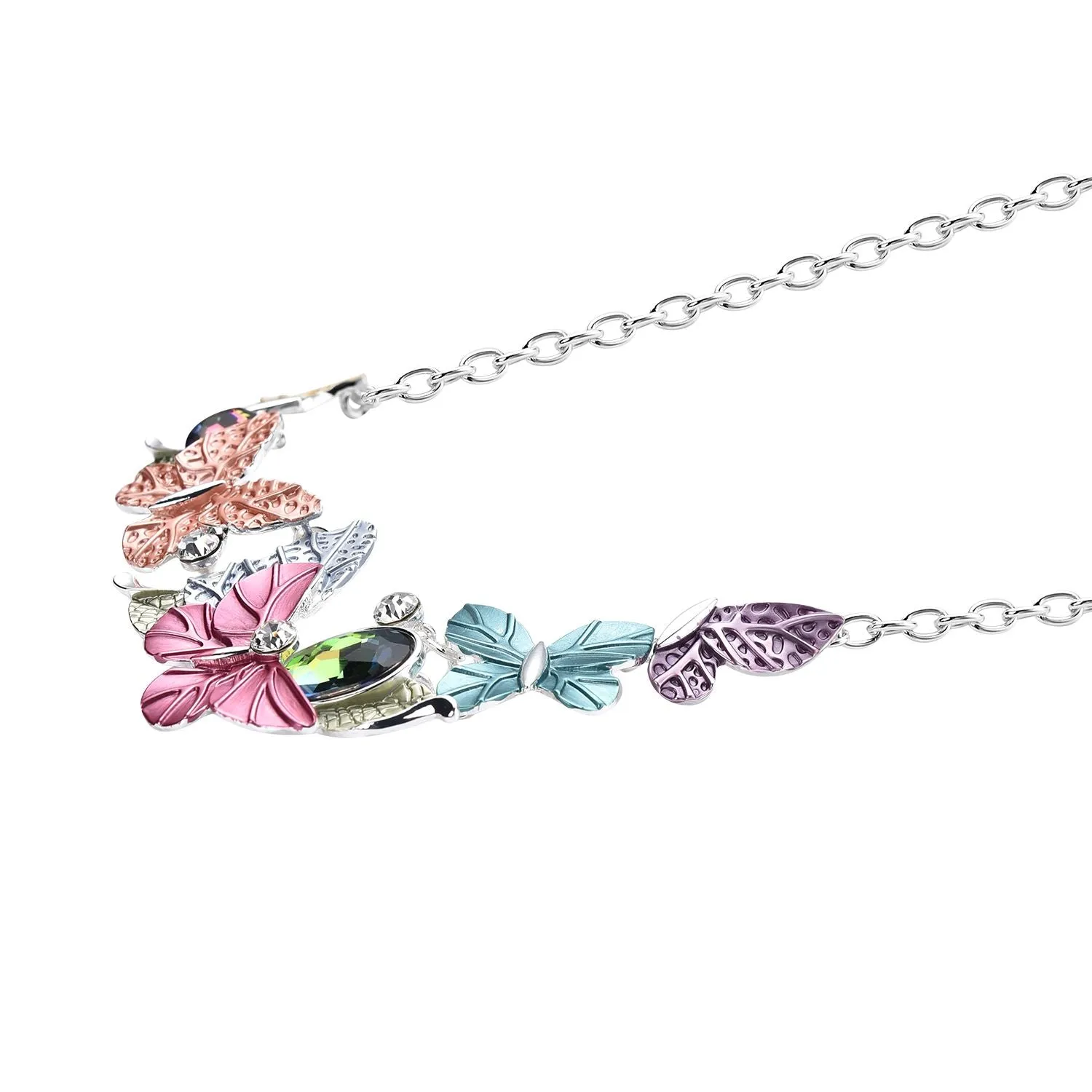 Austrian Crystal & Rainbow Rhinestone Enameled Butterfly Necklace 20.5-22.5 Inches in Silvertone