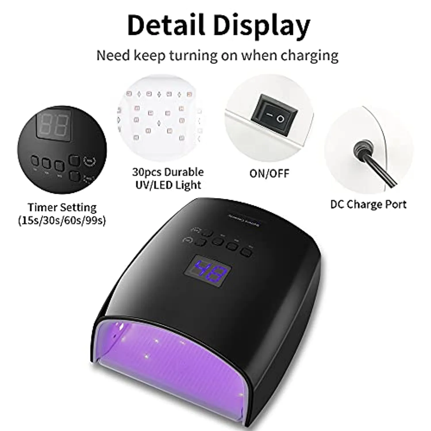 Ayshone 48W Cordless LED Gel Nail Lamp,Professional Curing Lamp For Fingernail and Toenail,Rechargeable Nail Dryer for Home and Salon (Black)