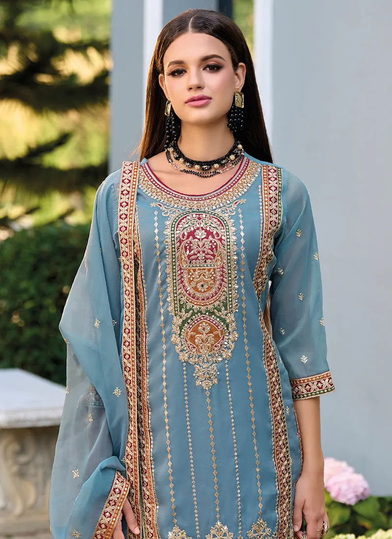 Baby Blue Multi Embroidery Traditional Pant Style Suit