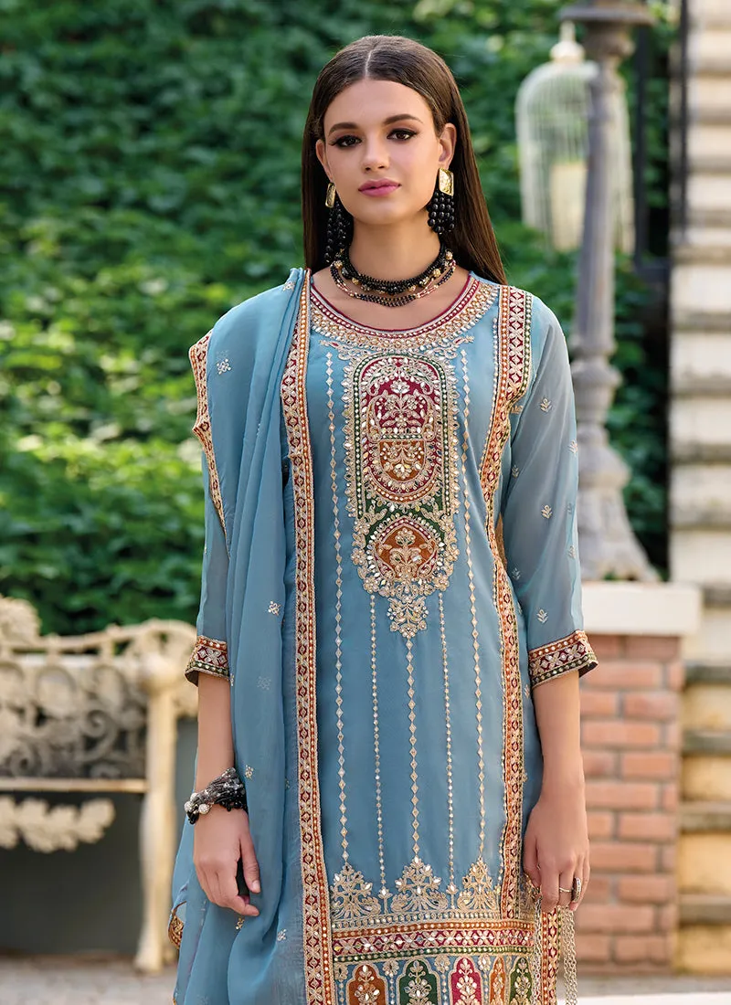 Baby Blue Multi Embroidery Traditional Pant Style Suit