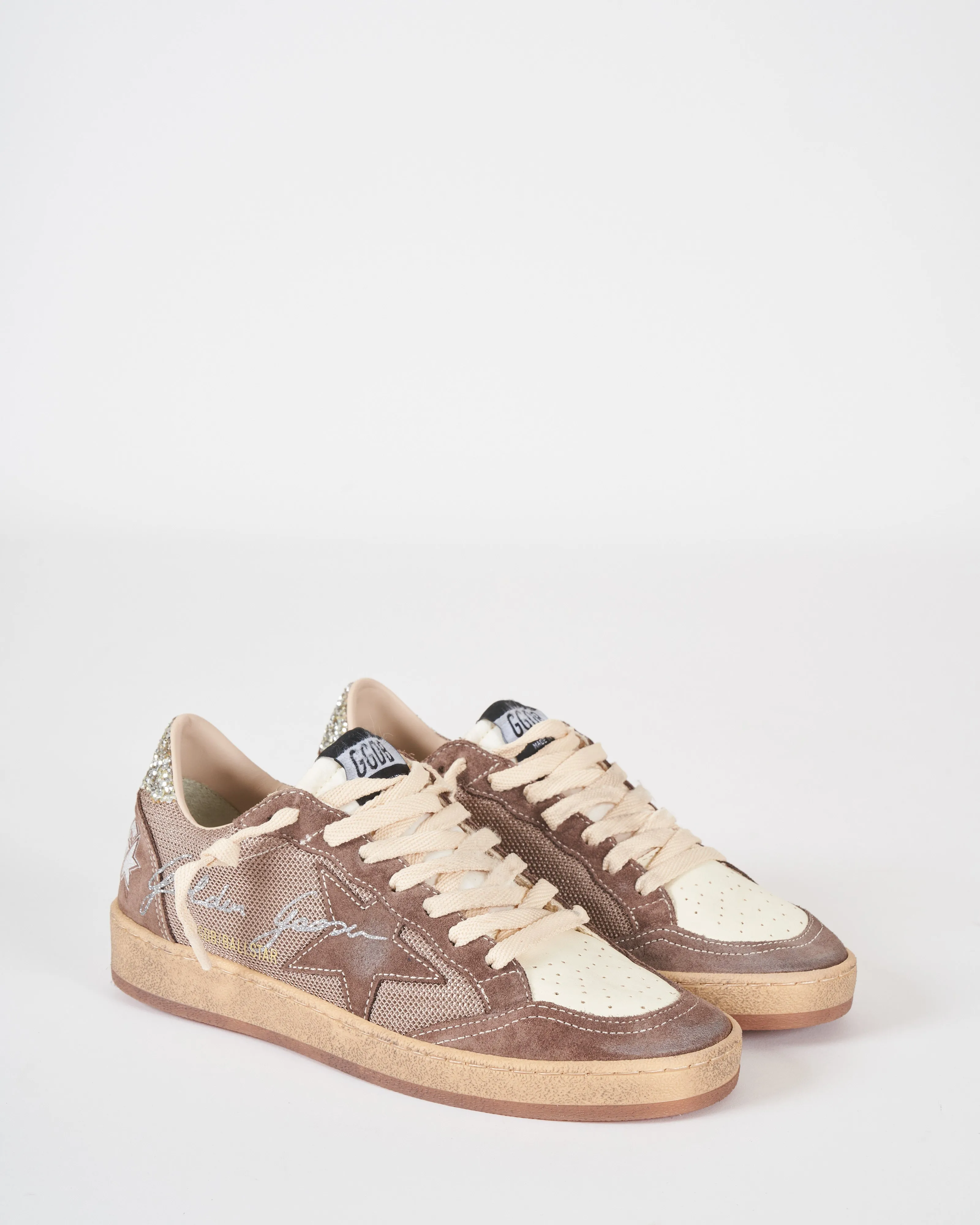 ballstar net upper with suede toe star glitter heel - beige/white ecru/brown/platinum