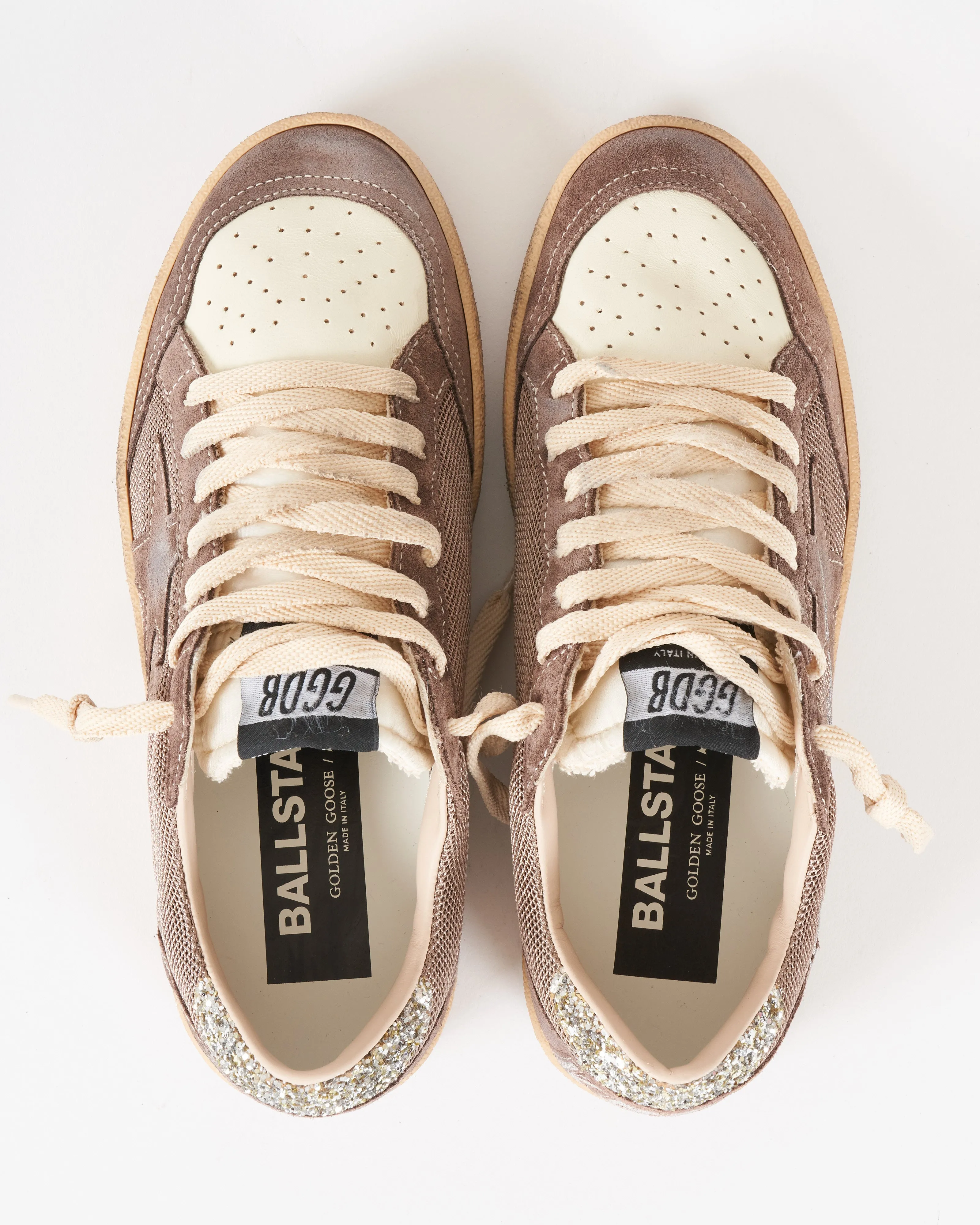 ballstar net upper with suede toe star glitter heel - beige/white ecru/brown/platinum