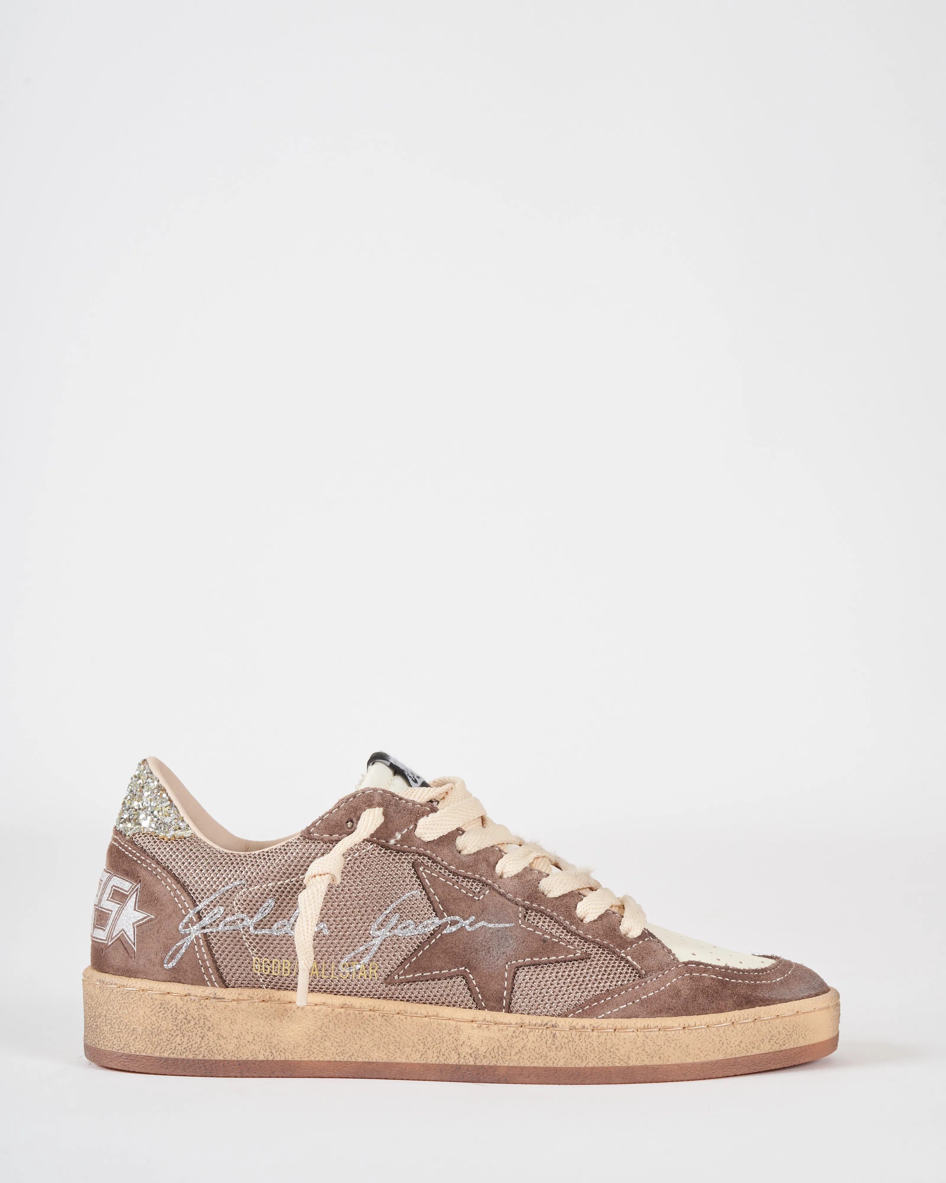 ballstar net upper with suede toe star glitter heel - beige/white ecru/brown/platinum