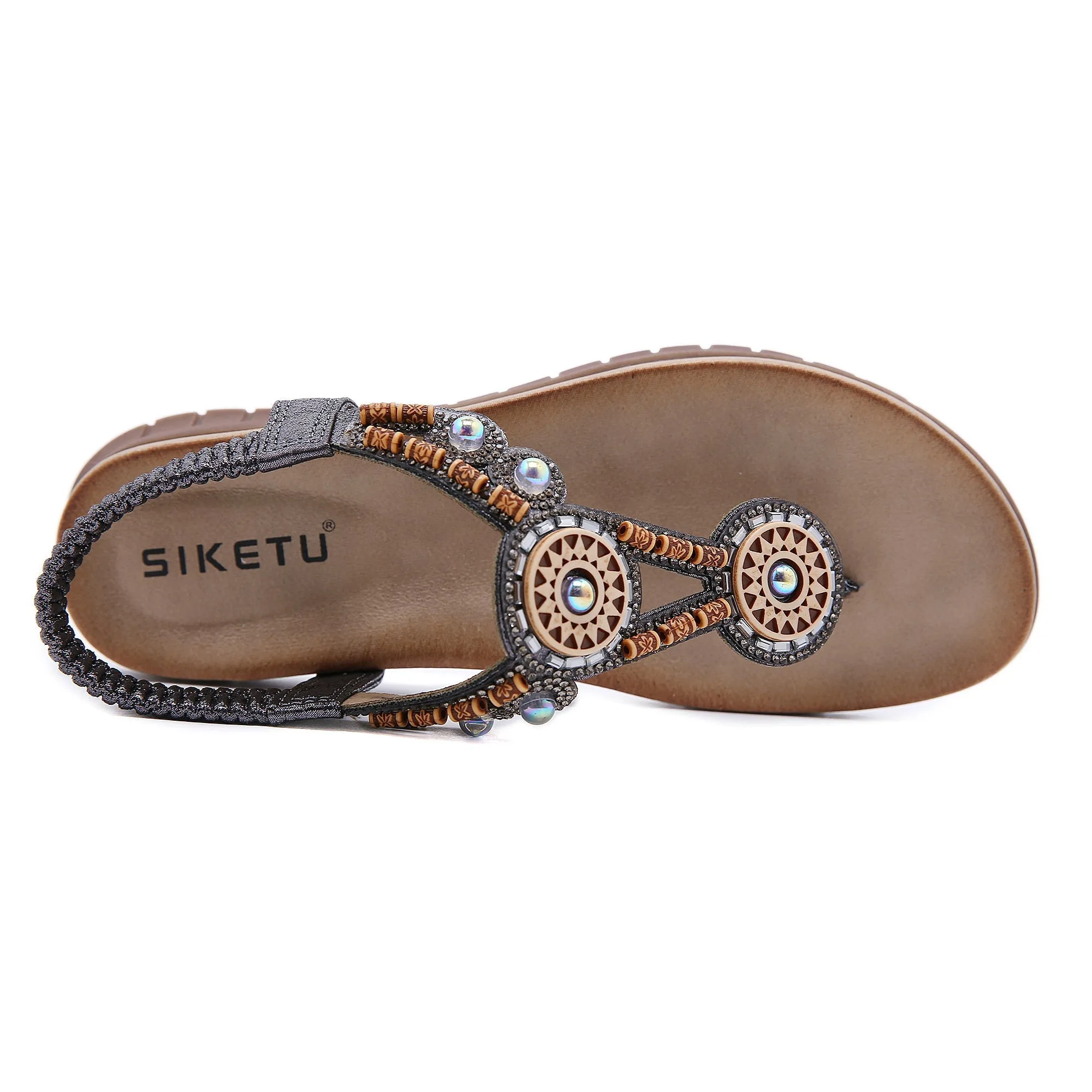 Beaded Boho Applique T-Strap Thong - Gun
