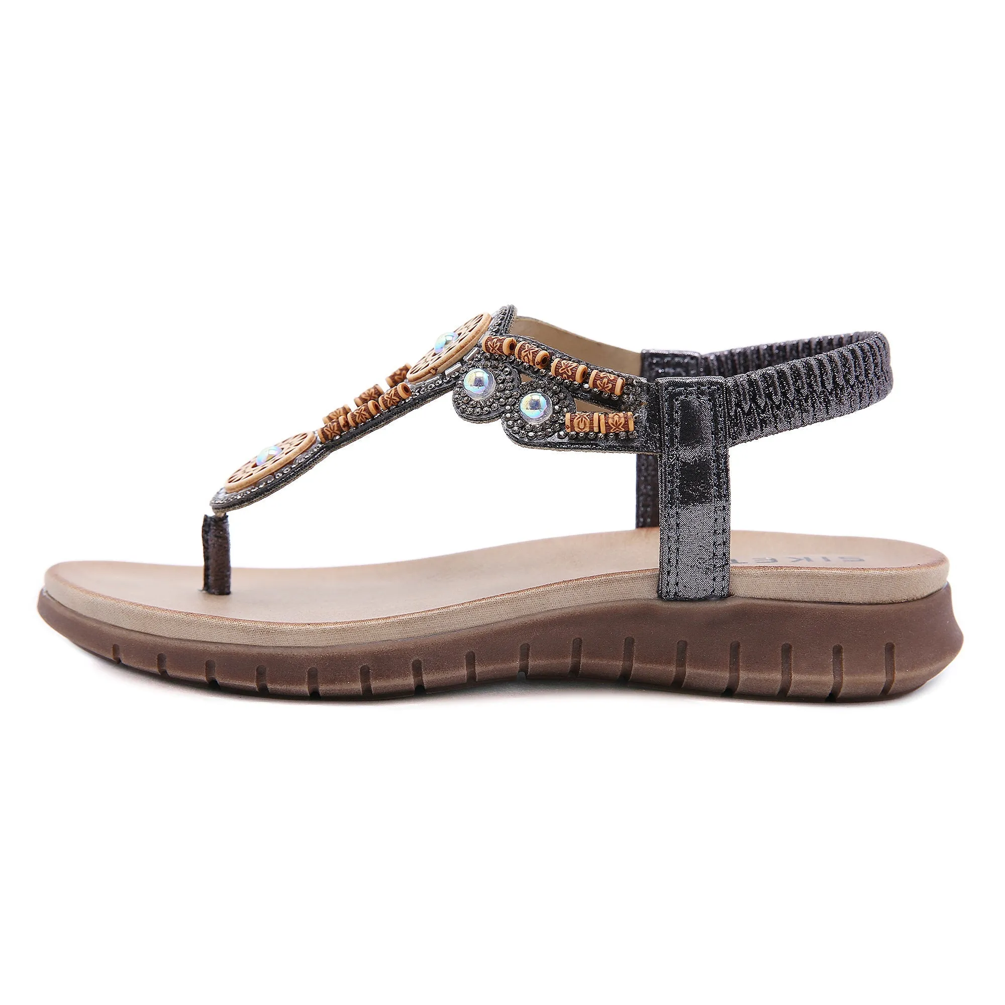 Beaded Boho Applique T-Strap Thong - Gun