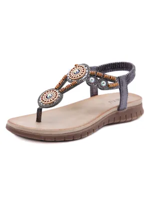 Beaded Boho Applique T-Strap Thong - Gun