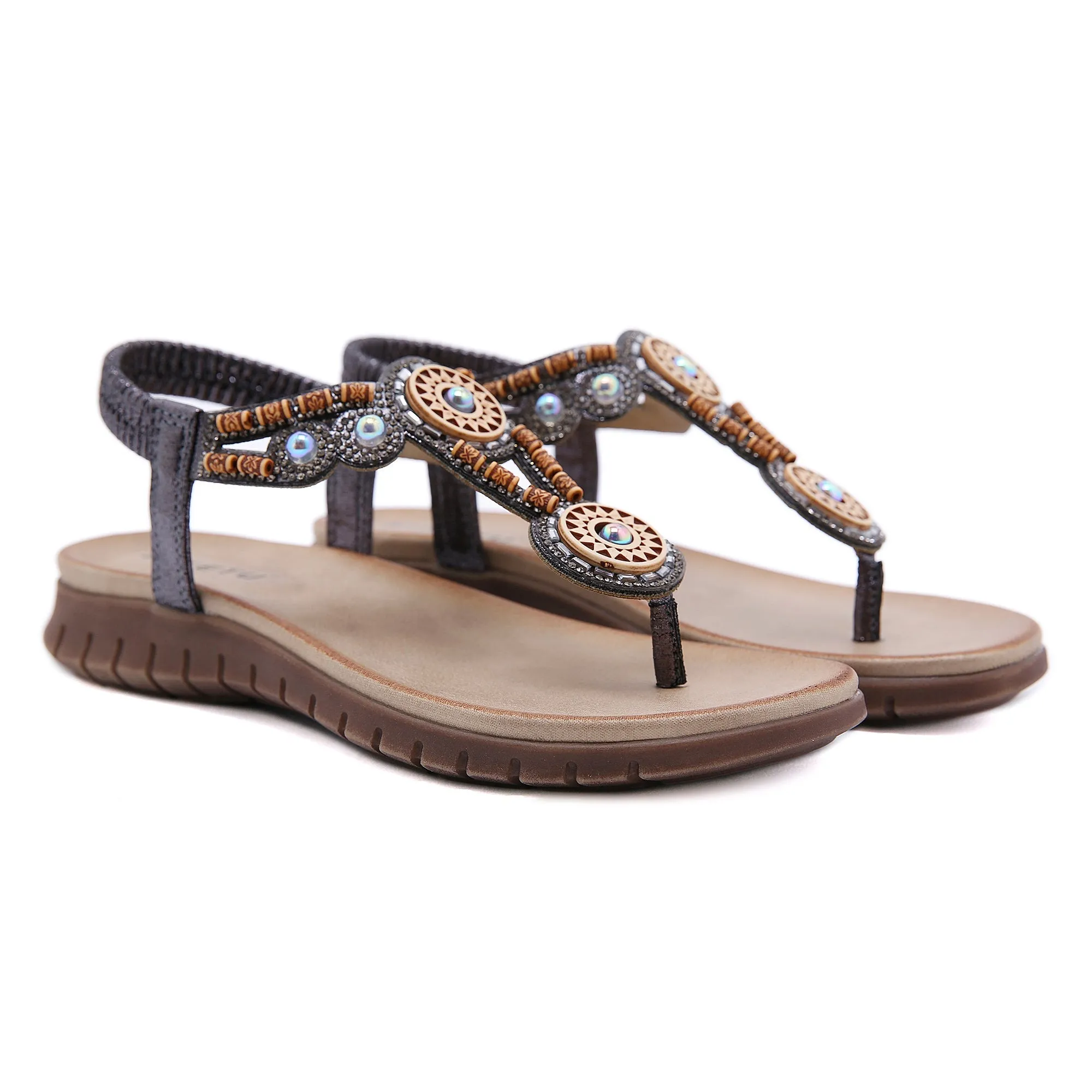 Beaded Boho Applique T-Strap Thong - Gun