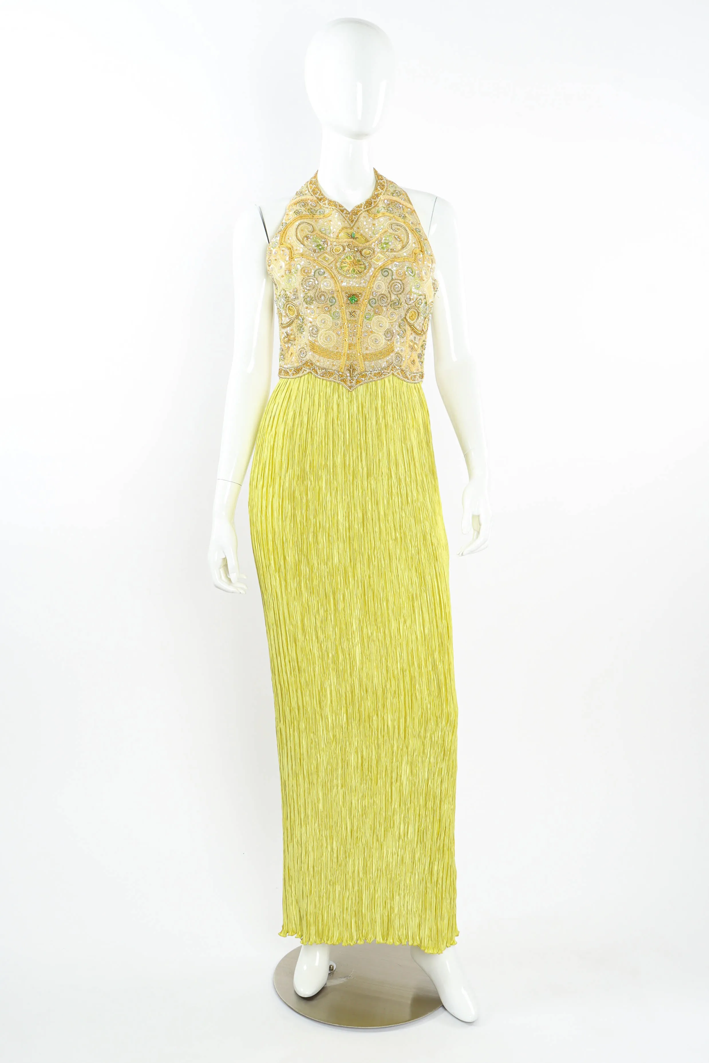 Beaded Crinkle Pleat Halter Dress
