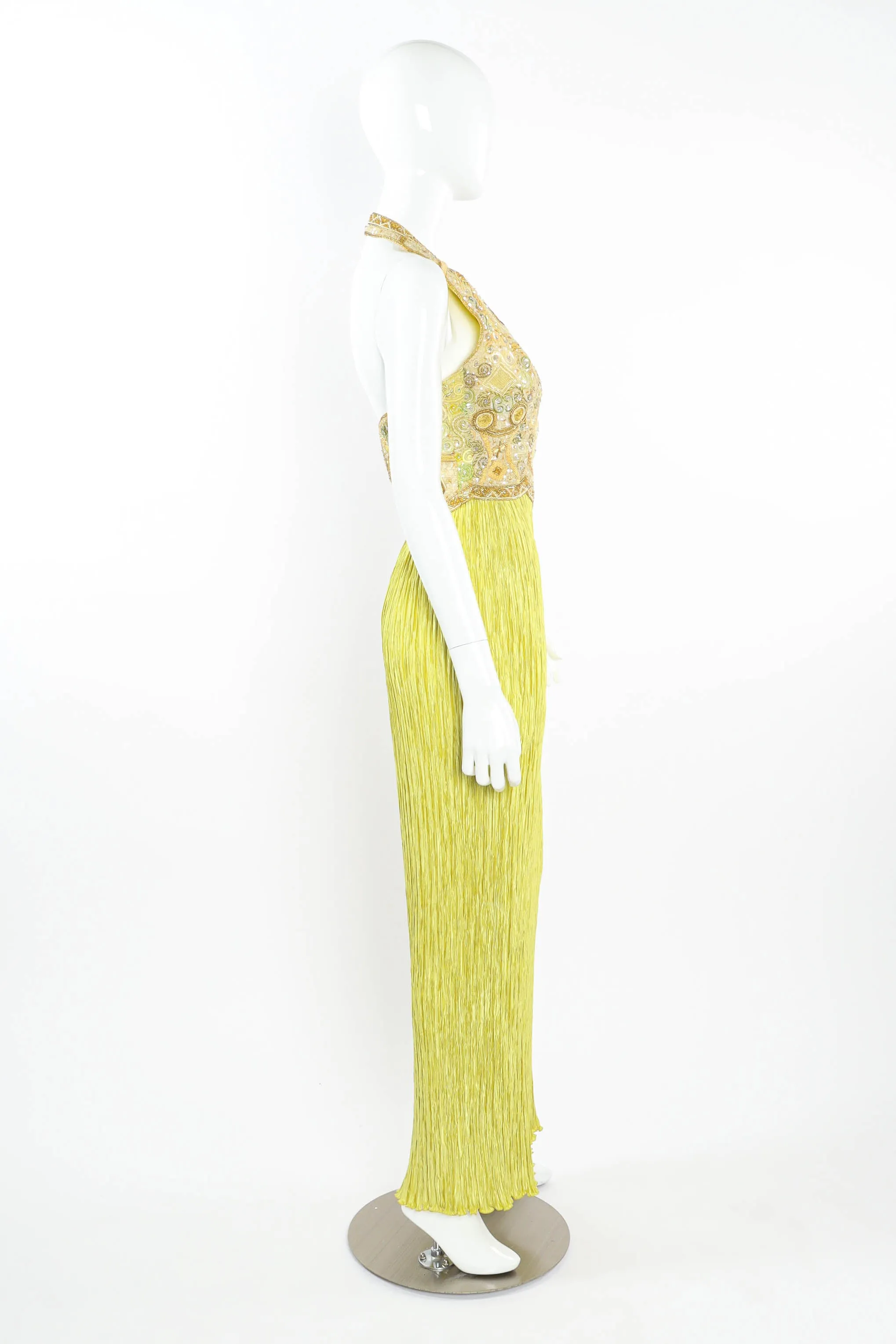 Beaded Crinkle Pleat Halter Dress