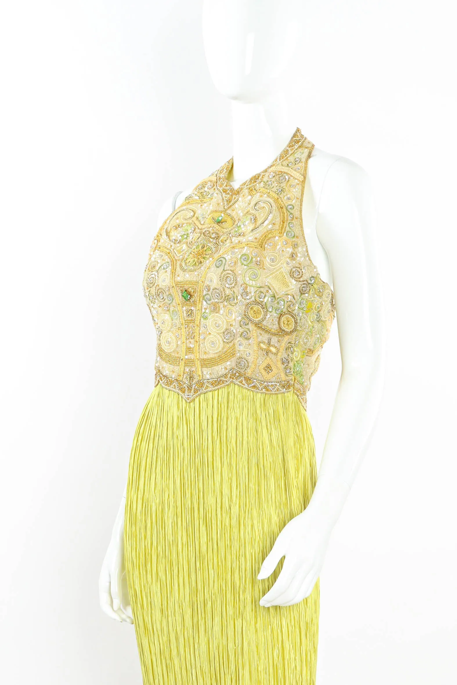 Beaded Crinkle Pleat Halter Dress