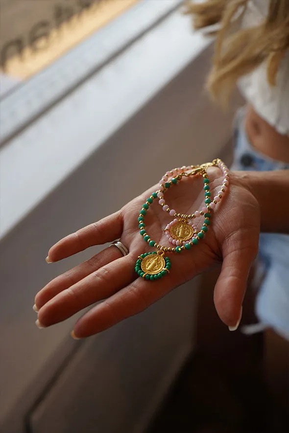 Beaded Round Virgin Mary Charm Stretch Bracelet