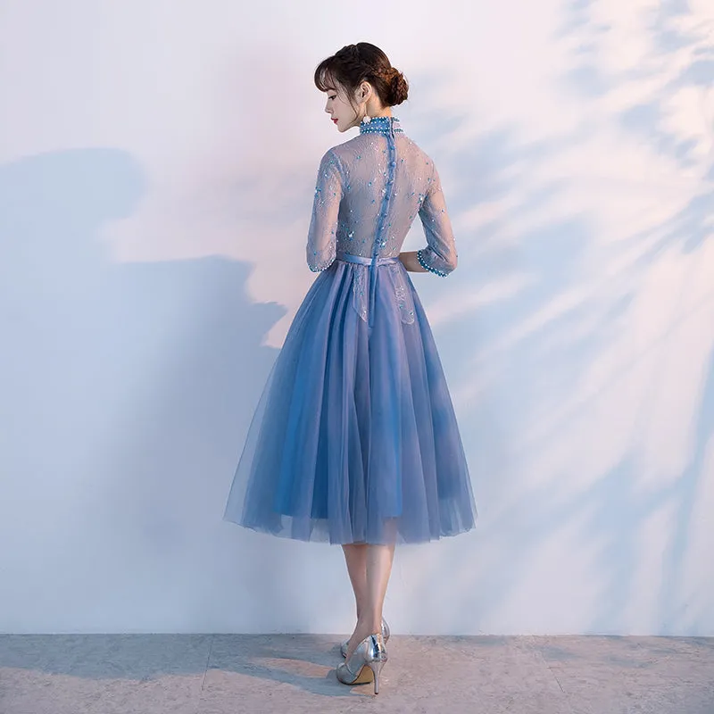 Beautiful Blue Knee Length Beaded Homecoming Dress, Short Sleeves Prom Dress