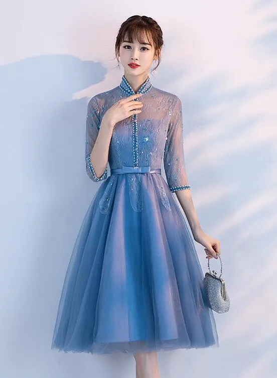 Beautiful Blue Knee Length Beaded Homecoming Dress, Short Sleeves Prom Dress