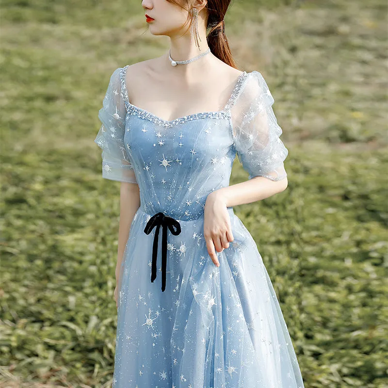 Beautiful Blue Short Sleeves A-line Beaded Tulle Party Dress Prom Dresses, Blue Evening Dresses