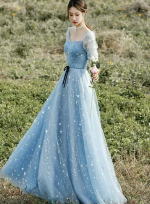 Beautiful Blue Short Sleeves A-line Beaded Tulle Party Dress Prom Dresses, Blue Evening Dresses