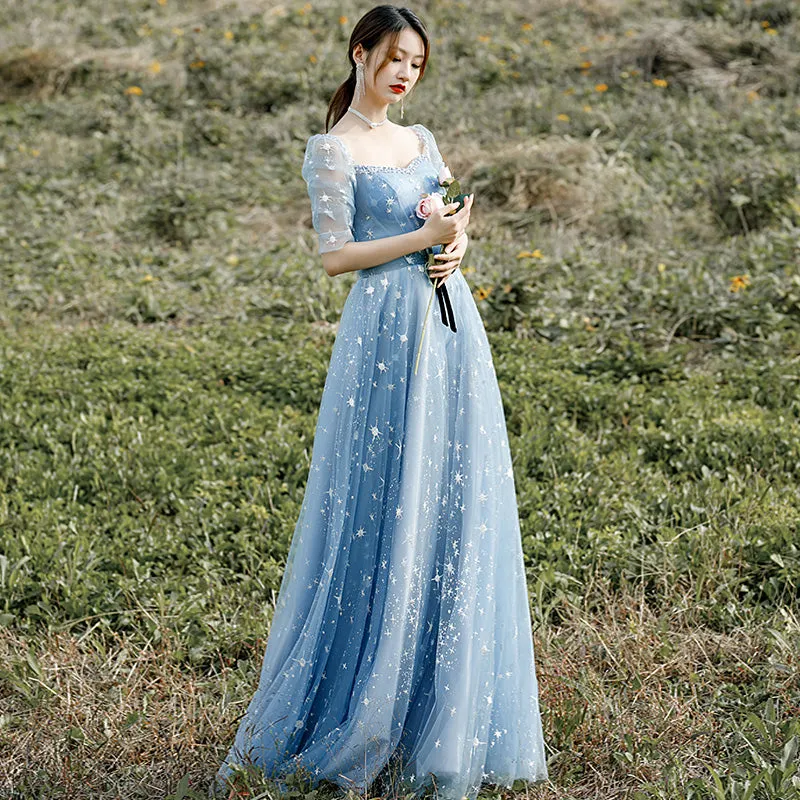 Beautiful Blue Short Sleeves A-line Beaded Tulle Party Dress Prom Dresses, Blue Evening Dresses