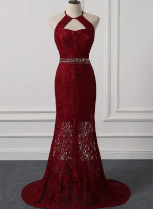 Beautiful Dark Red Lace Halter Beaded Evening Dress, Mermaid Prom Dress
