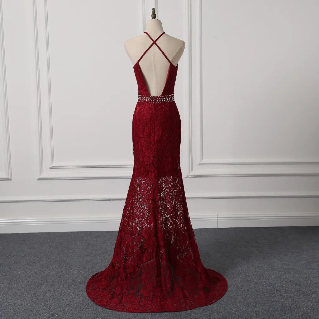 Beautiful Dark Red Lace Halter Beaded Evening Dress, Mermaid Prom Dress
