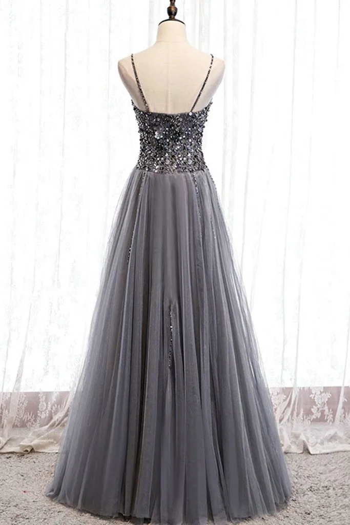Beautiful Grey Beaded Tulle Prom Dresses, Straps Party Dress