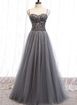 Beautiful Grey Beaded Tulle Prom Dresses, Straps Party Dress