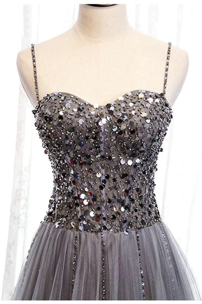 Beautiful Grey Beaded Tulle Prom Dresses, Straps Party Dress