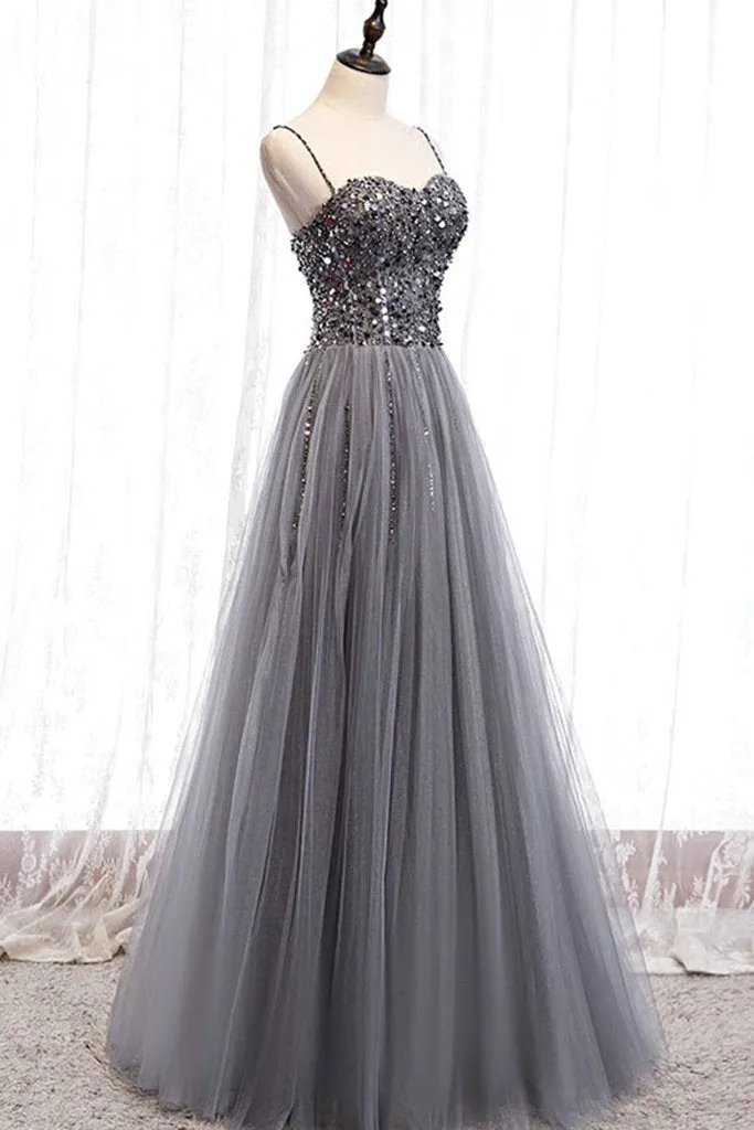 Beautiful Grey Beaded Tulle Prom Dresses, Straps Party Dress