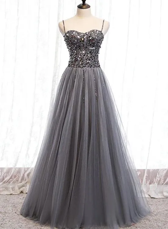 Beautiful Grey Beaded Tulle Prom Dresses, Straps Party Dress